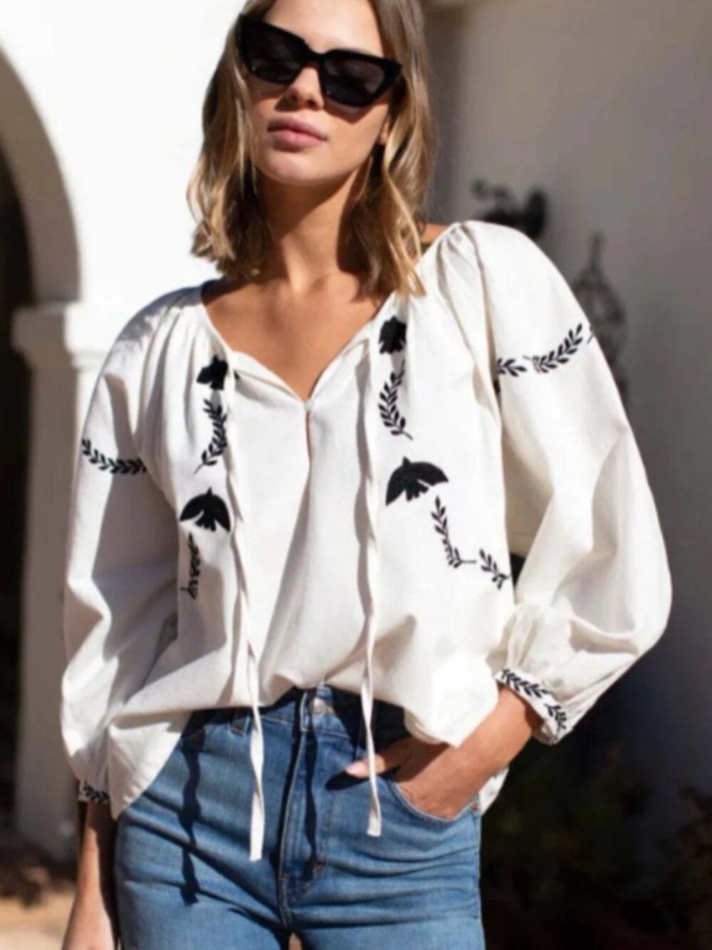 Emerson Fry - India Collection Ivory Peasant Blouse Lucy Dove  Embroidery LG